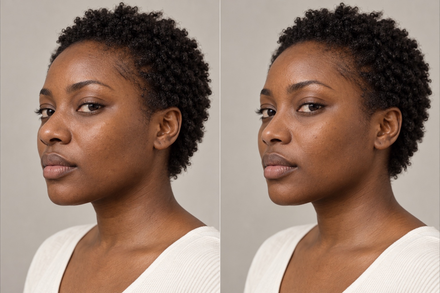 AI-generated concept showing the same fictional African woman before and after an imagined subtle nose refinement. A subtle refinement, seen in profile.